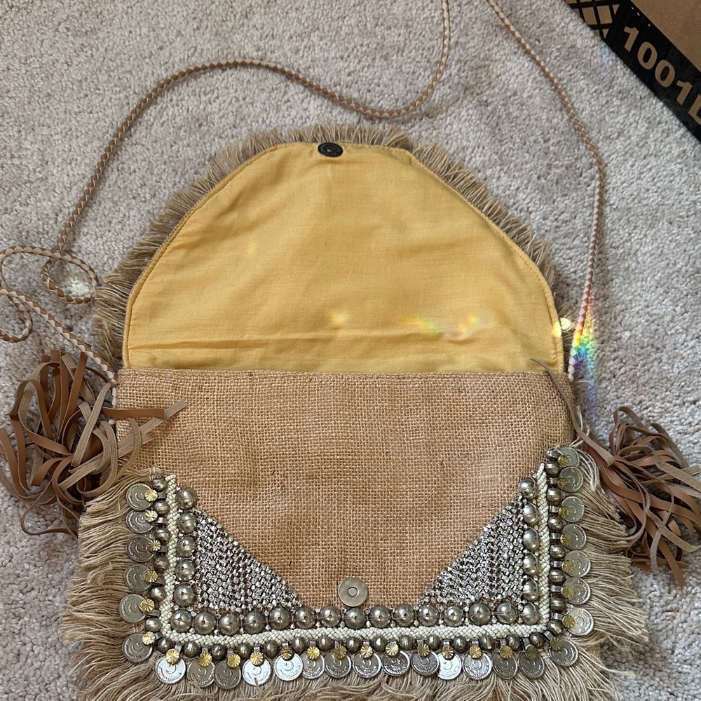 SHASHI Fringe Embellished Clutch - Tan and Silver - Picture 3 of 5